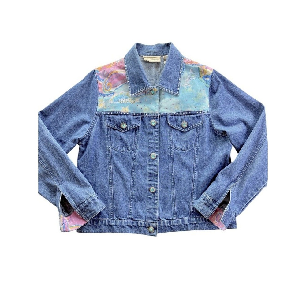 VTG Carrie Allen Denim Jacket L Blue Jean Rhinestone Paisley Patchwork Turquoise